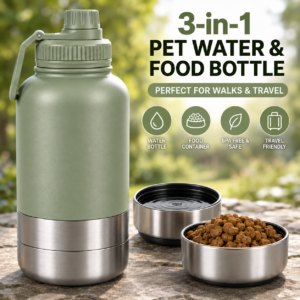 3-in-1 Insulated Pet Water Bottle – Portable Dog Travel Water Bottle with Detachable Food & Water Bowls